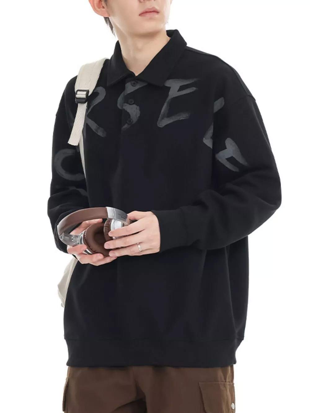 Men's Plus Size Letter Print Polo Collar Sweatshirt, image 3
