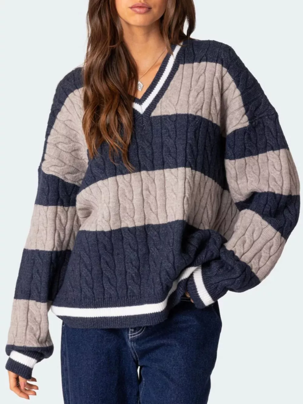 Striped Cable Knit V-Neck Sweater, image 7