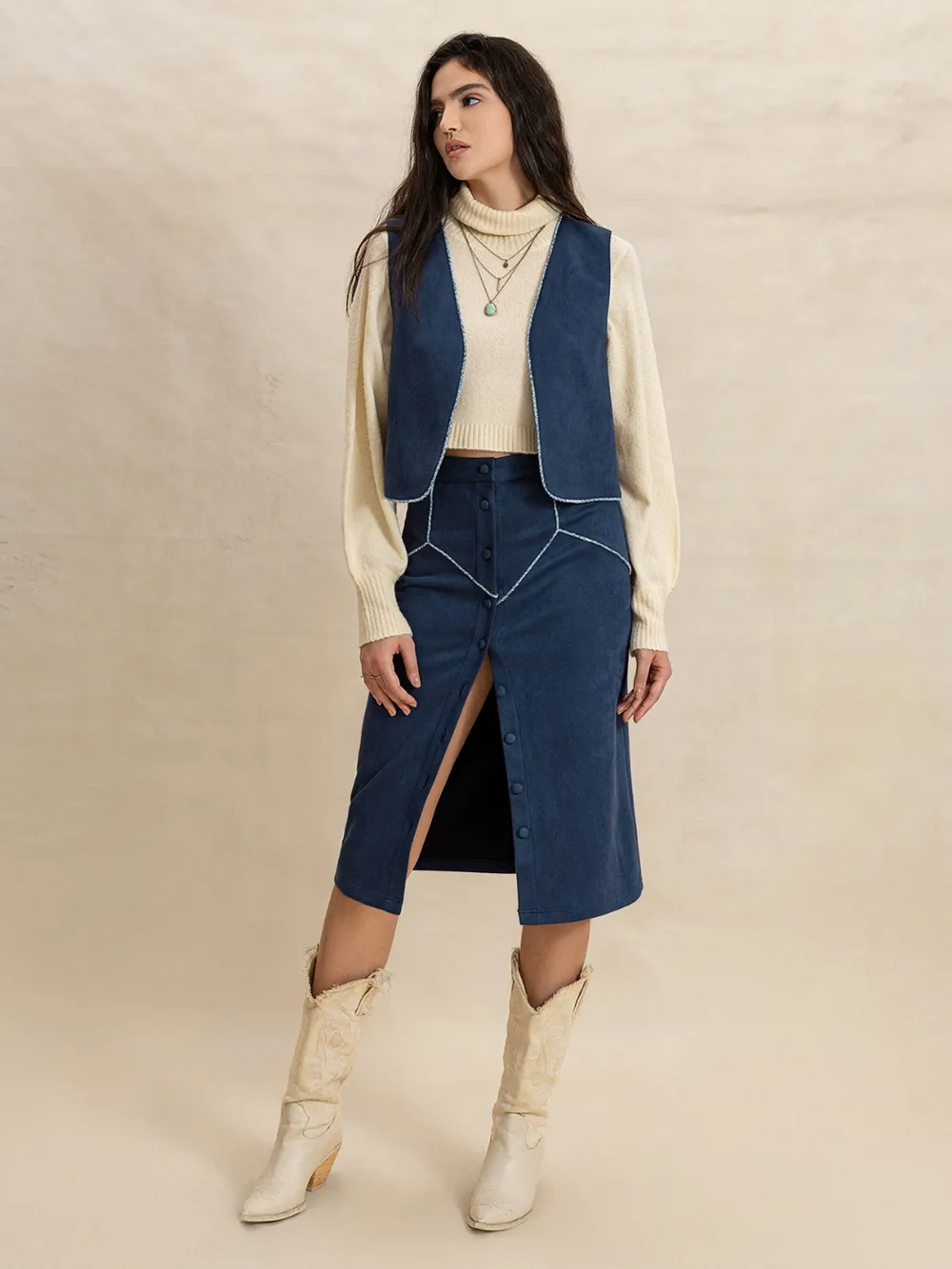 Open Front Vest and Buttoned Skirt Set, image 8