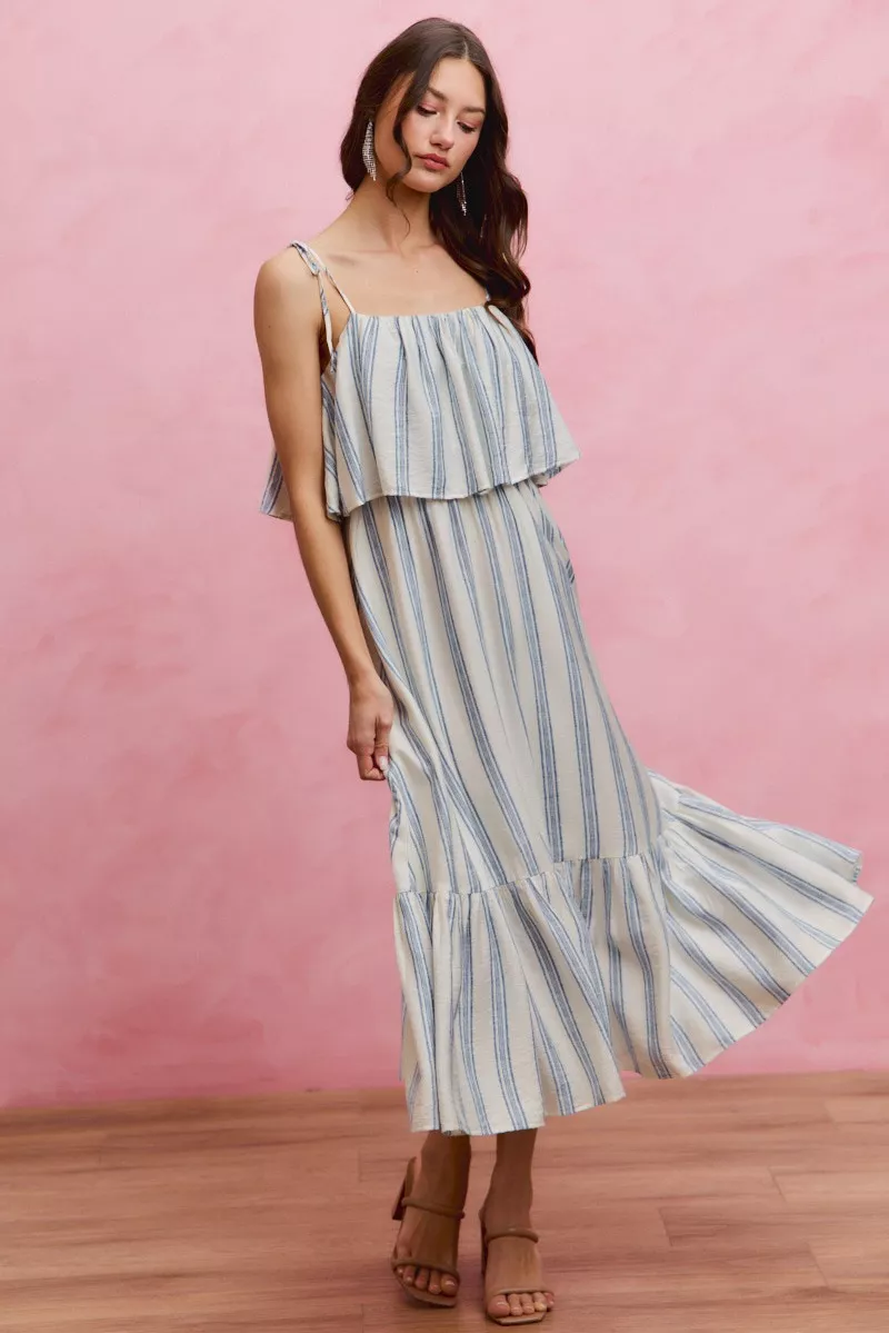 Stripe Tiered Shoulder Tie Midi Lined Dress, image 13
