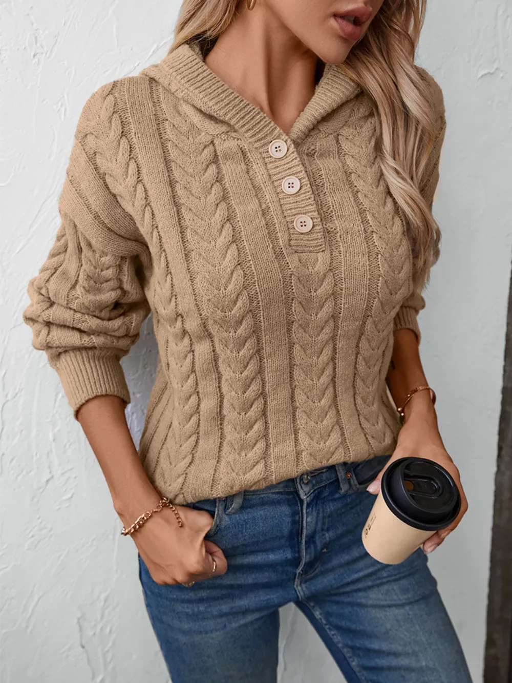 Cable-Knit Long Sleeve Hooded Sweater, image 4