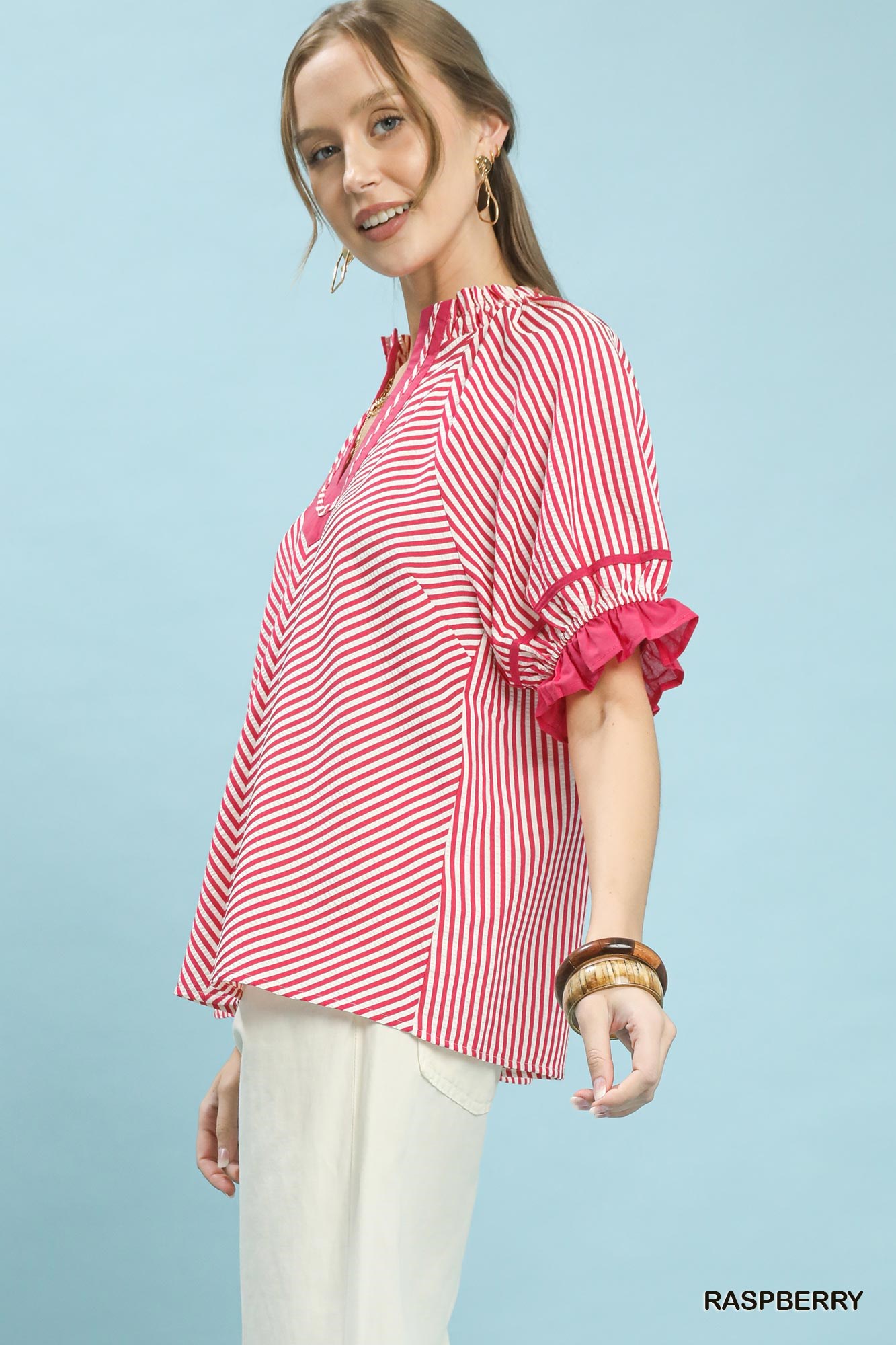 Stripe Ruffle Sleeve Split-Neck Blouse, image 5