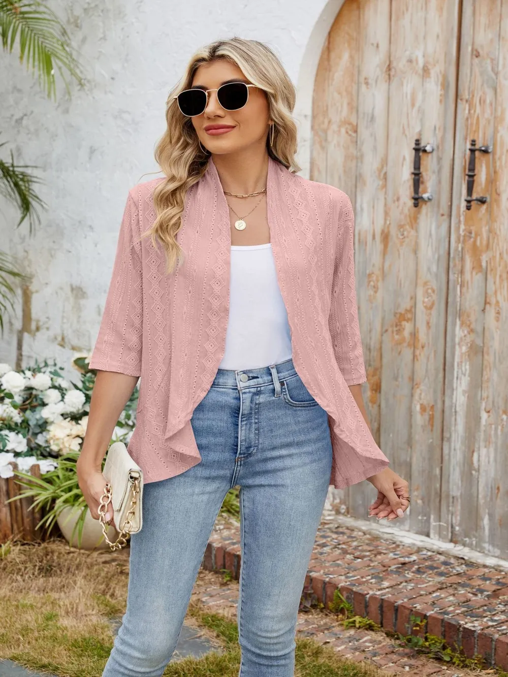 Eyelet Open Front Three-Quarter Sleeve Top, image 9