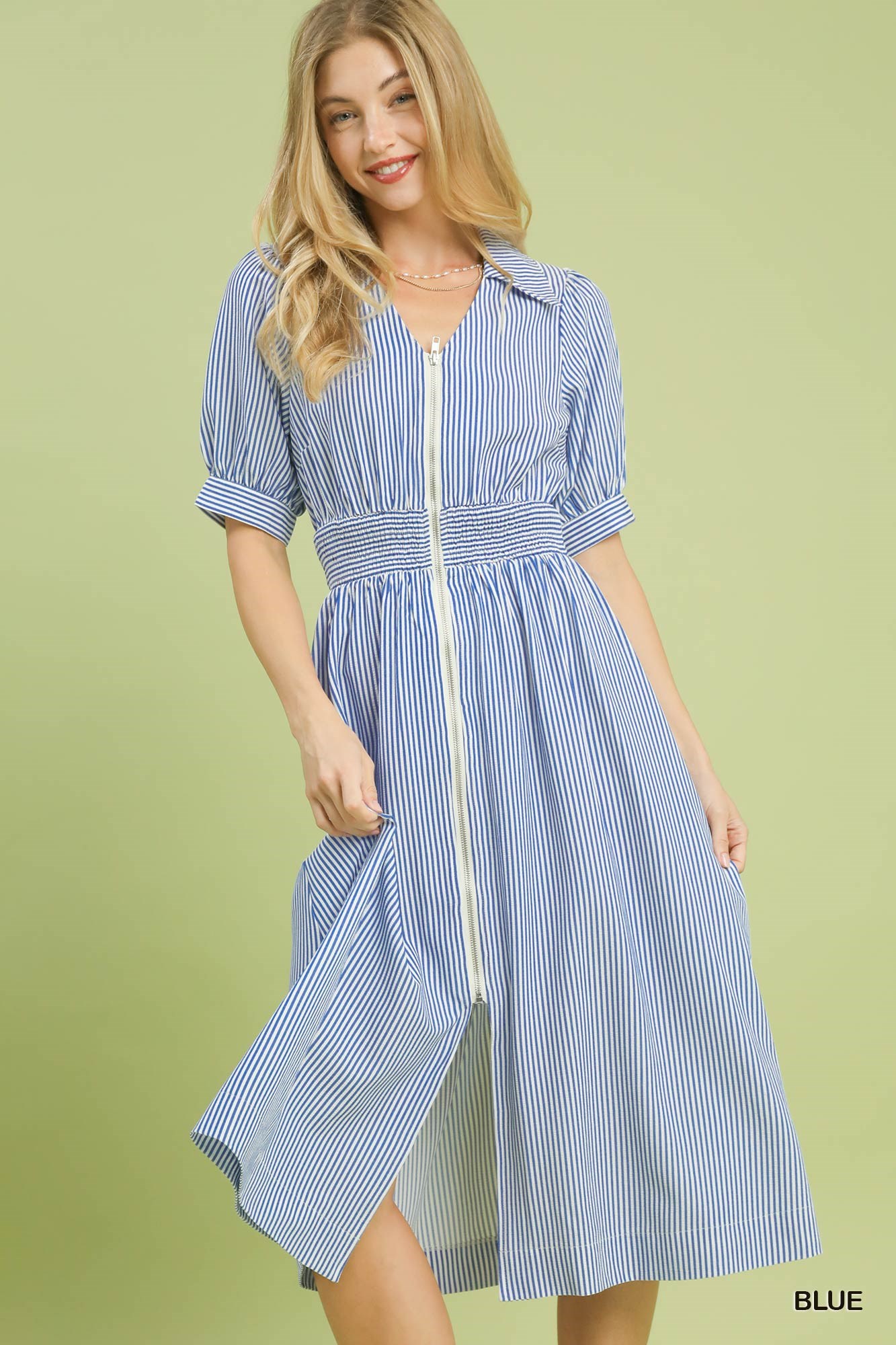 Striped Midi Dress with Front Zipper