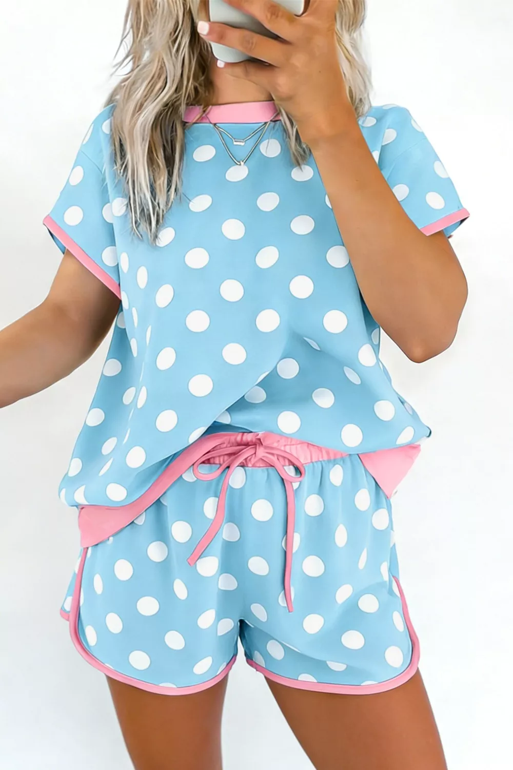 Polka Dot Contrast Trim Top and Drawstring Shorts Set, image 2