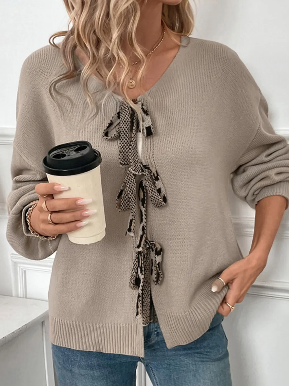 Tied Contrast Heart V-Neck Long Sleeve Cardigan, image 5