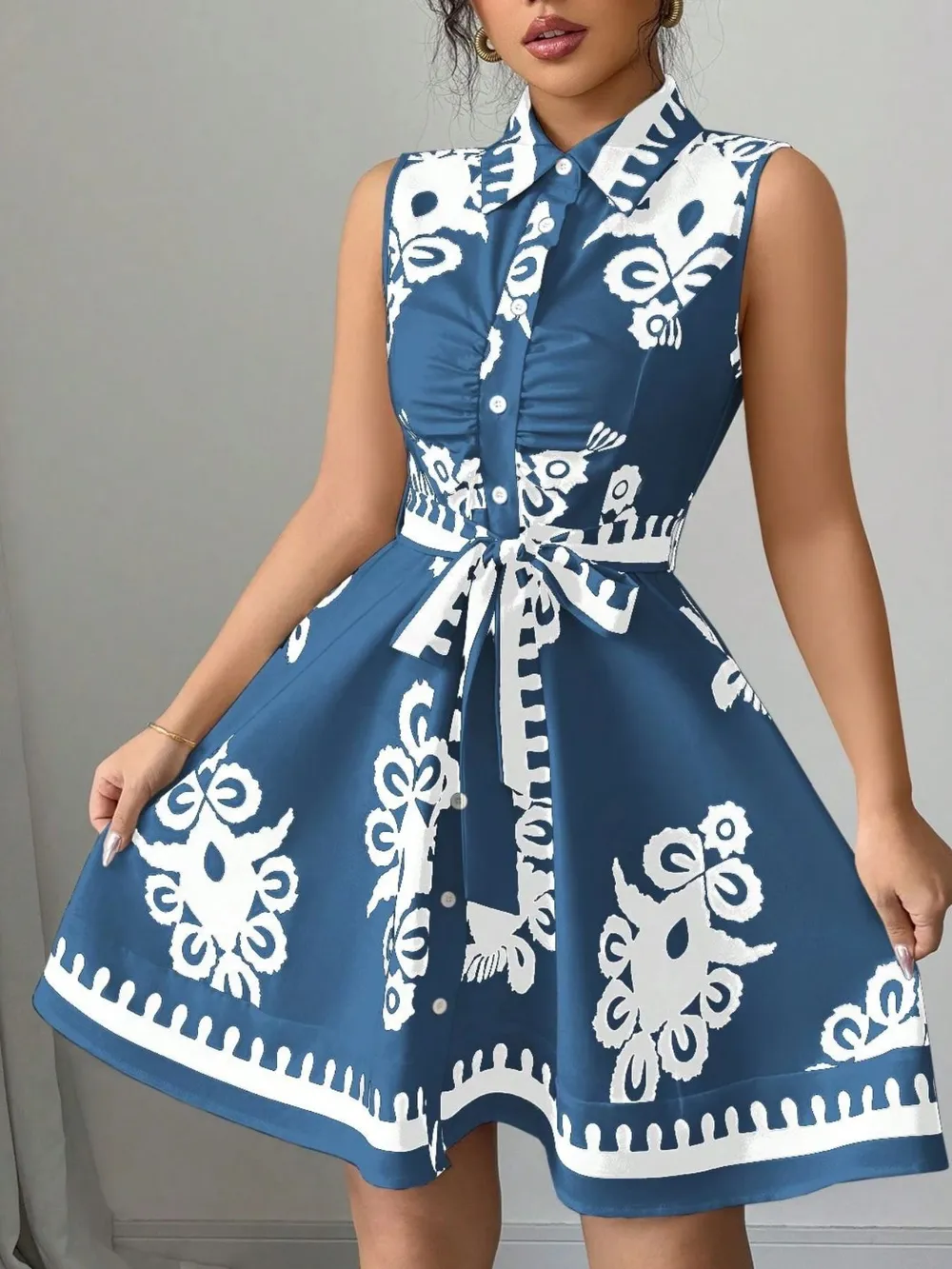 Printed Sleeveless Tie Waist Mini Dress, image 8