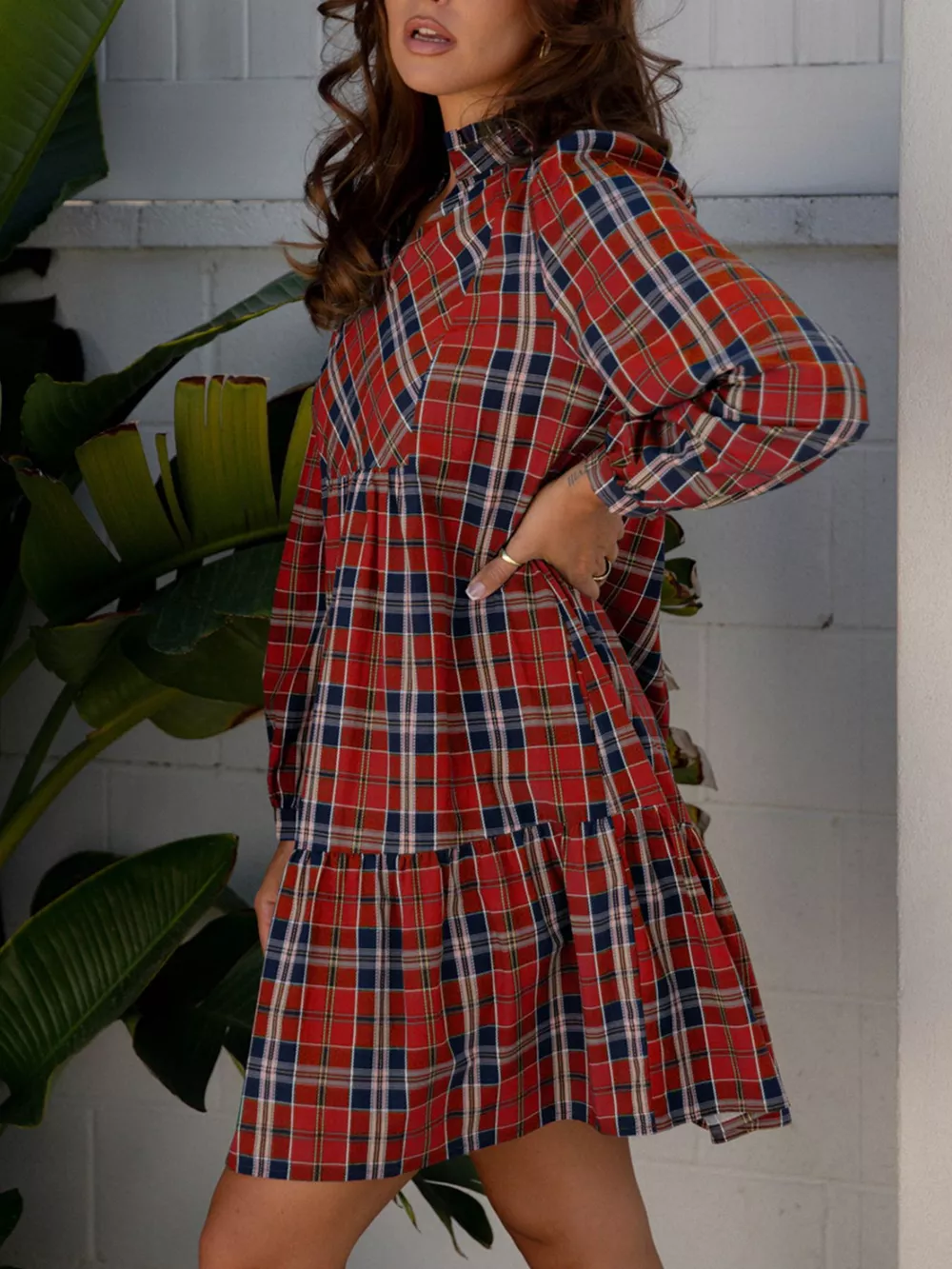 Plaid Print Frilly Collar Long Sleeve Shift Mini Dress, image 4