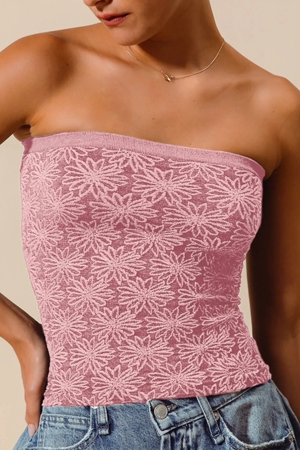 Jacquard Floral Two Tone Seamless Tube Top, image 3