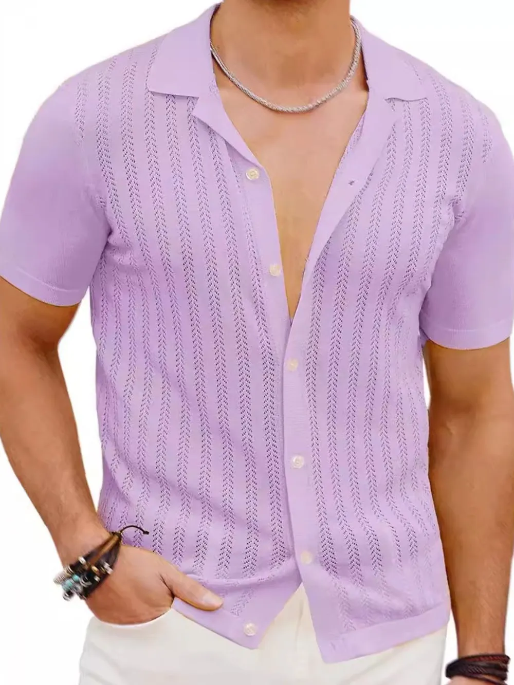 Men's Full Size Openwork Button Down Short Sleeve Shirt Plus Size, image 5