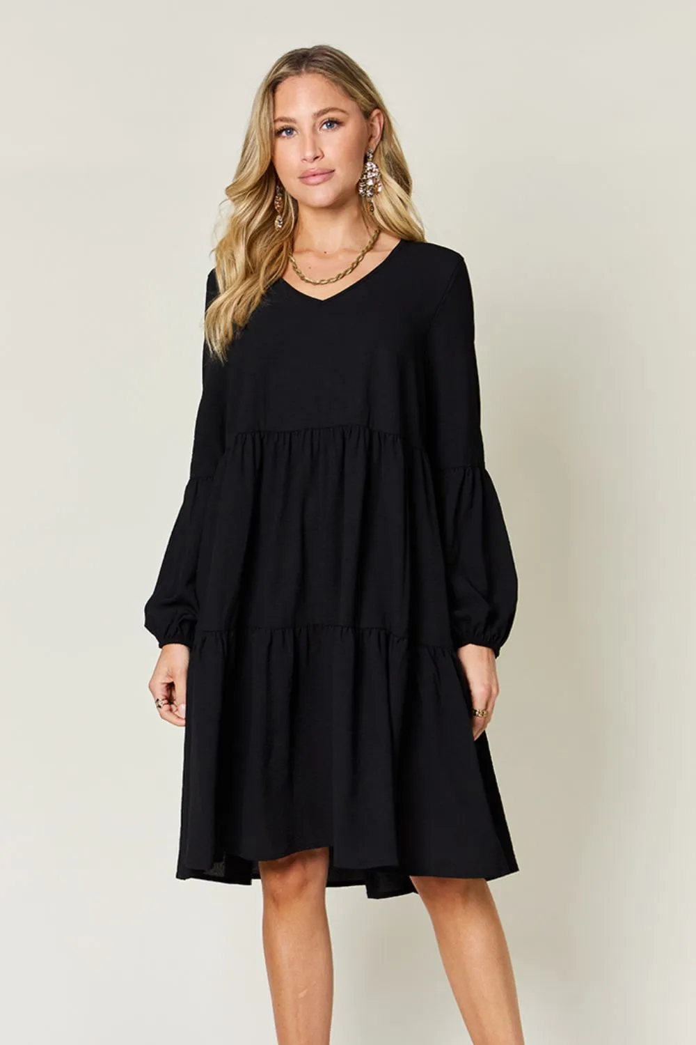 Full Size V-Neck Balloon Sleeve Tiered Dress with Pockets, image 26