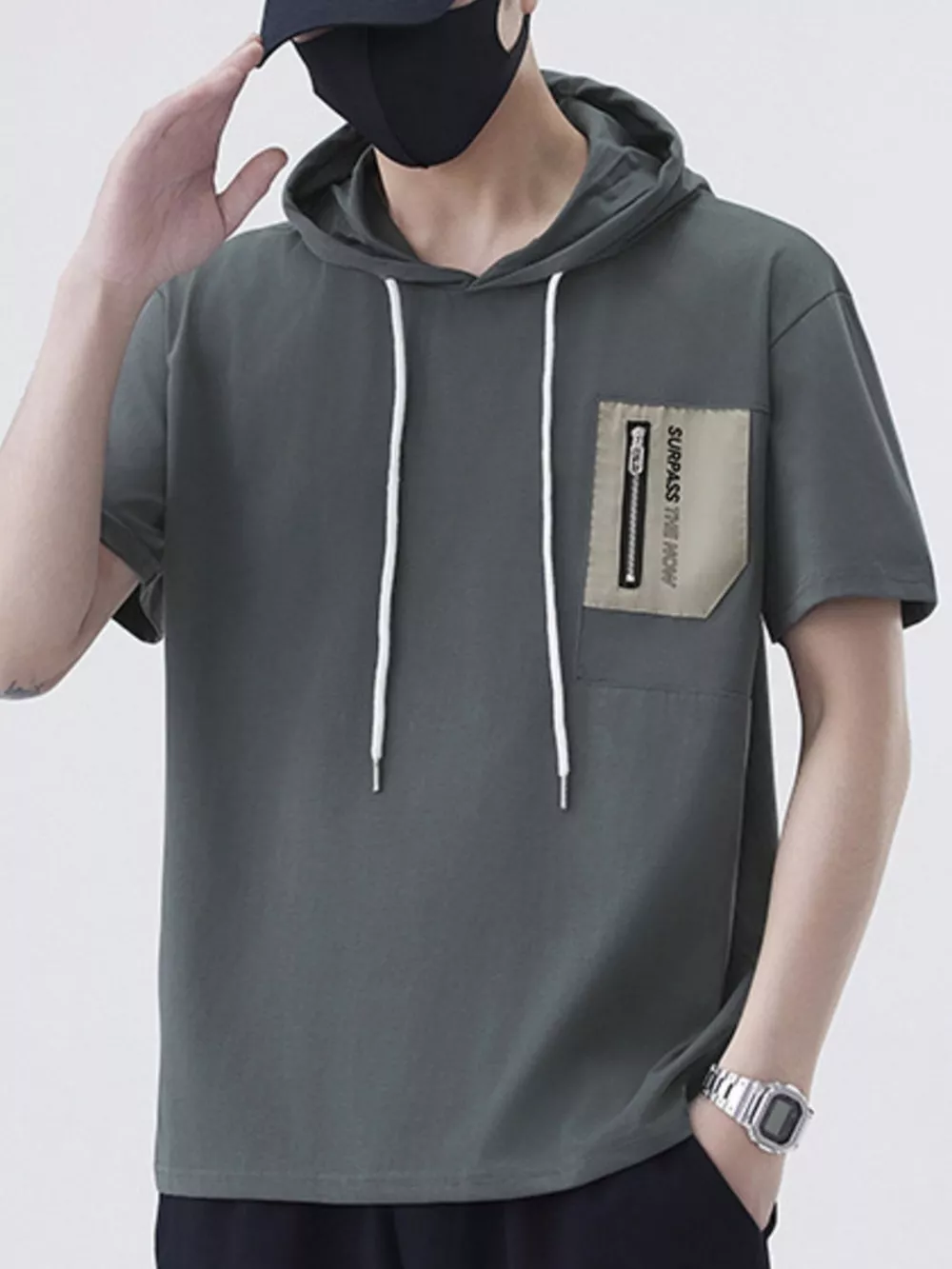 Men's Plus Size Drawstring Short Sleeve Hooded Top, image 7