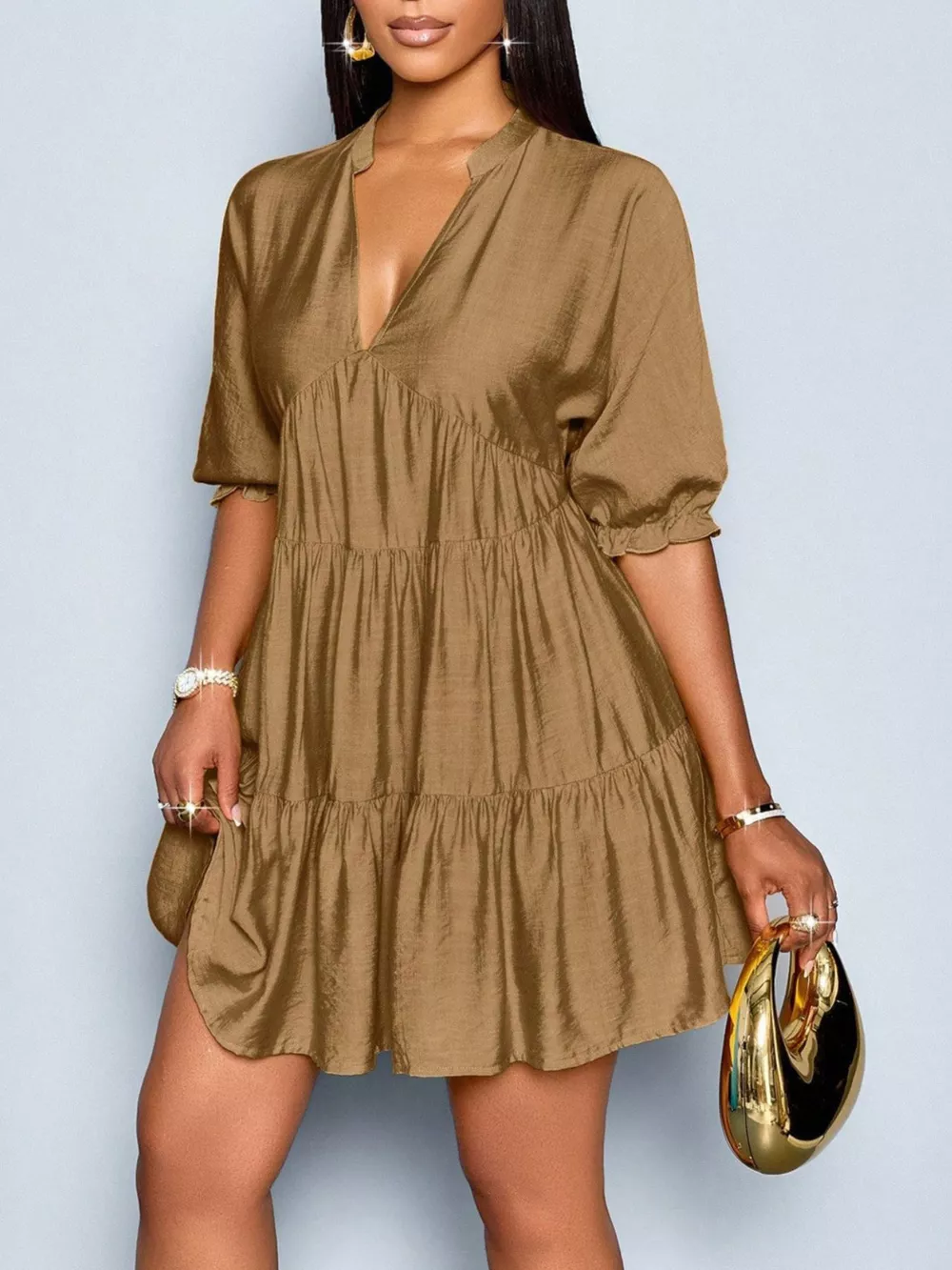 Notched Half Sleeve Tiered Dress, image 10