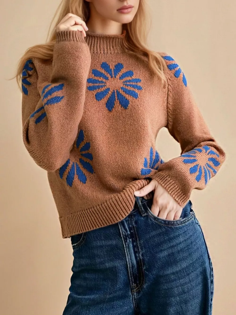 Flower Mock Neck Raglan Sleeve Sweater, image 2