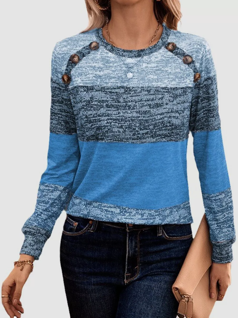 Decorative Button Contrast Round Neck Long Sleeve T-Shirt, image 6