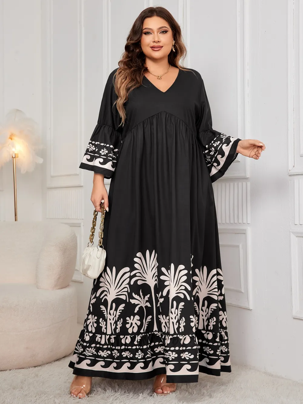 Plus Size Printed V-Neck Long Sleeve Maxi Dress, image 5