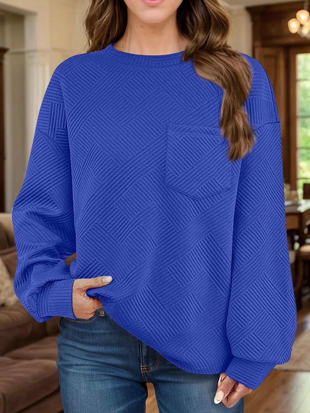 Full Size Texture Round Neck Long Sleeve Sweatshirt, image 9