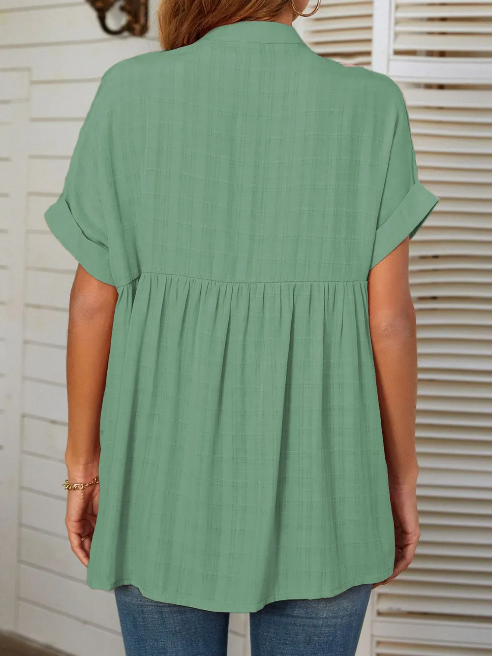Side Slit Notched Short Sleeve Blouse, image 10