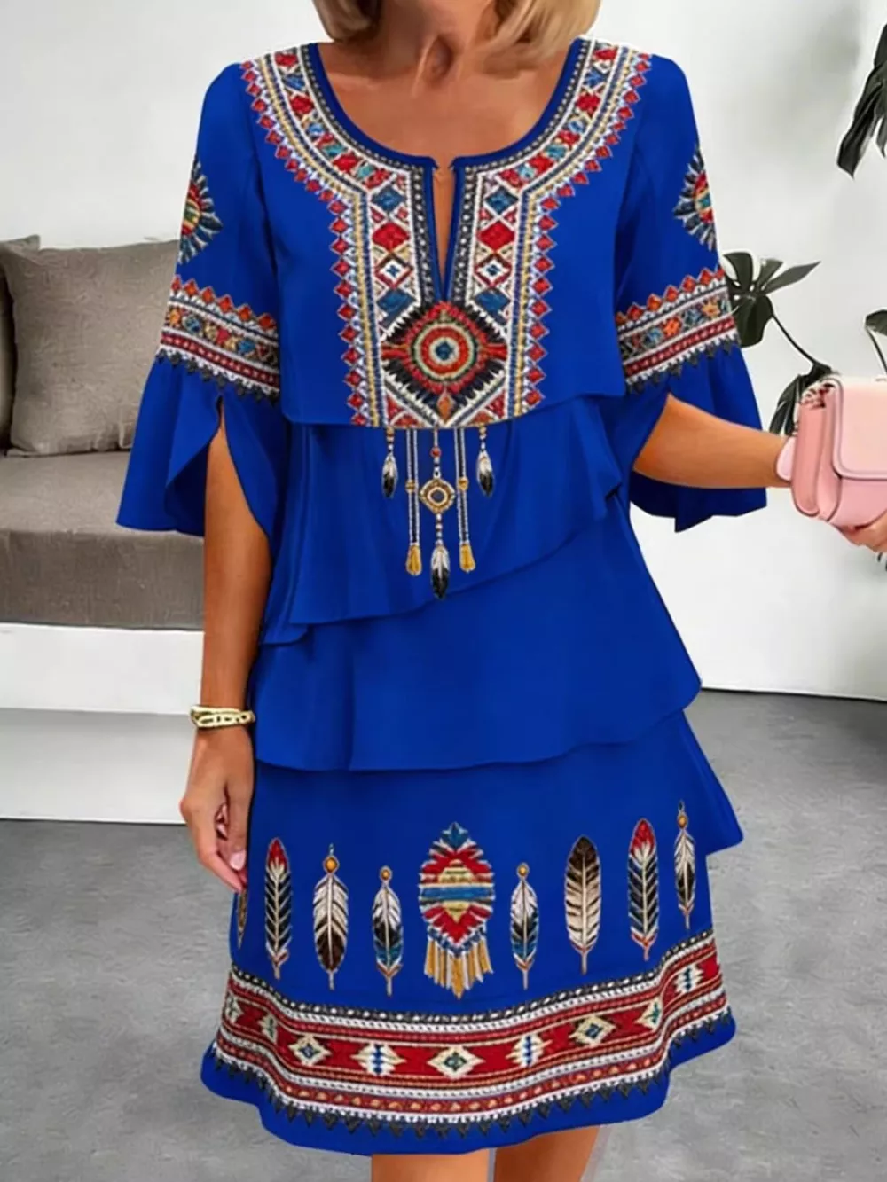 Full Size Printed Notched Ruffled Half Sleeve Dress Plus Size, image 6
