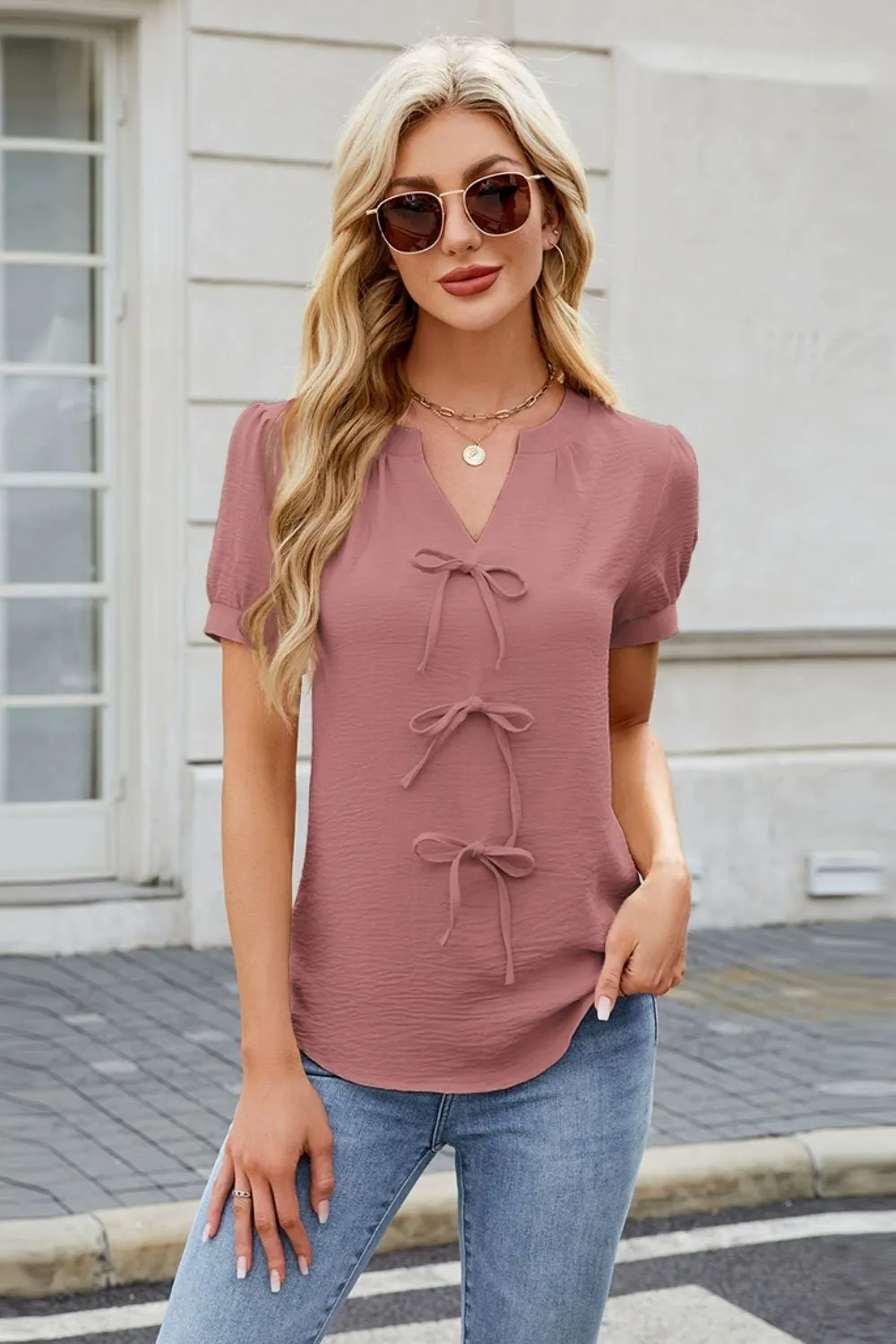 Bow Notched Short Sleeve Blouse, image 2