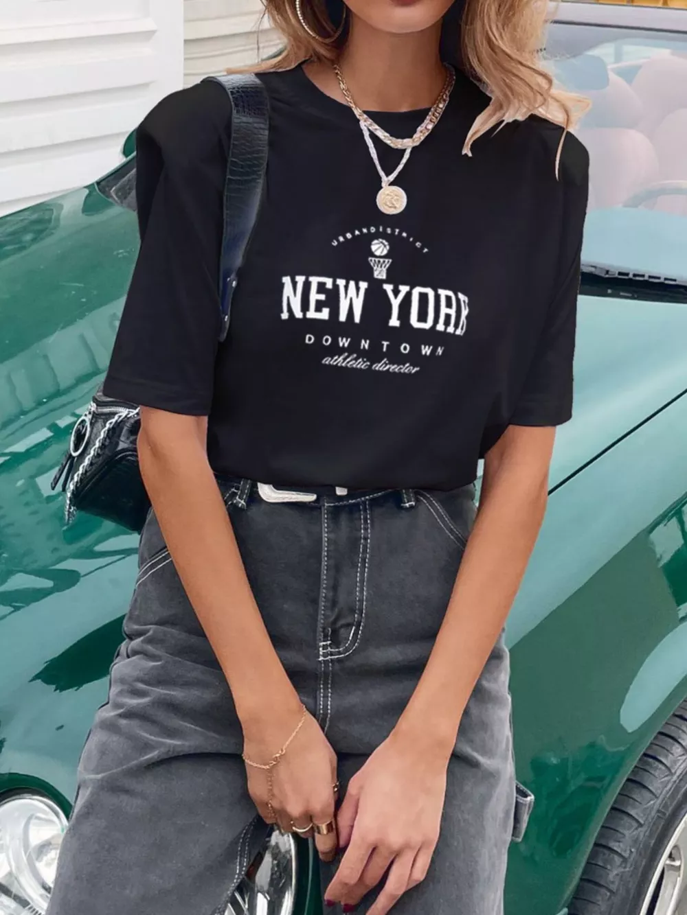 Letter Round Neck Half Sleeve T-Shirt, image 4