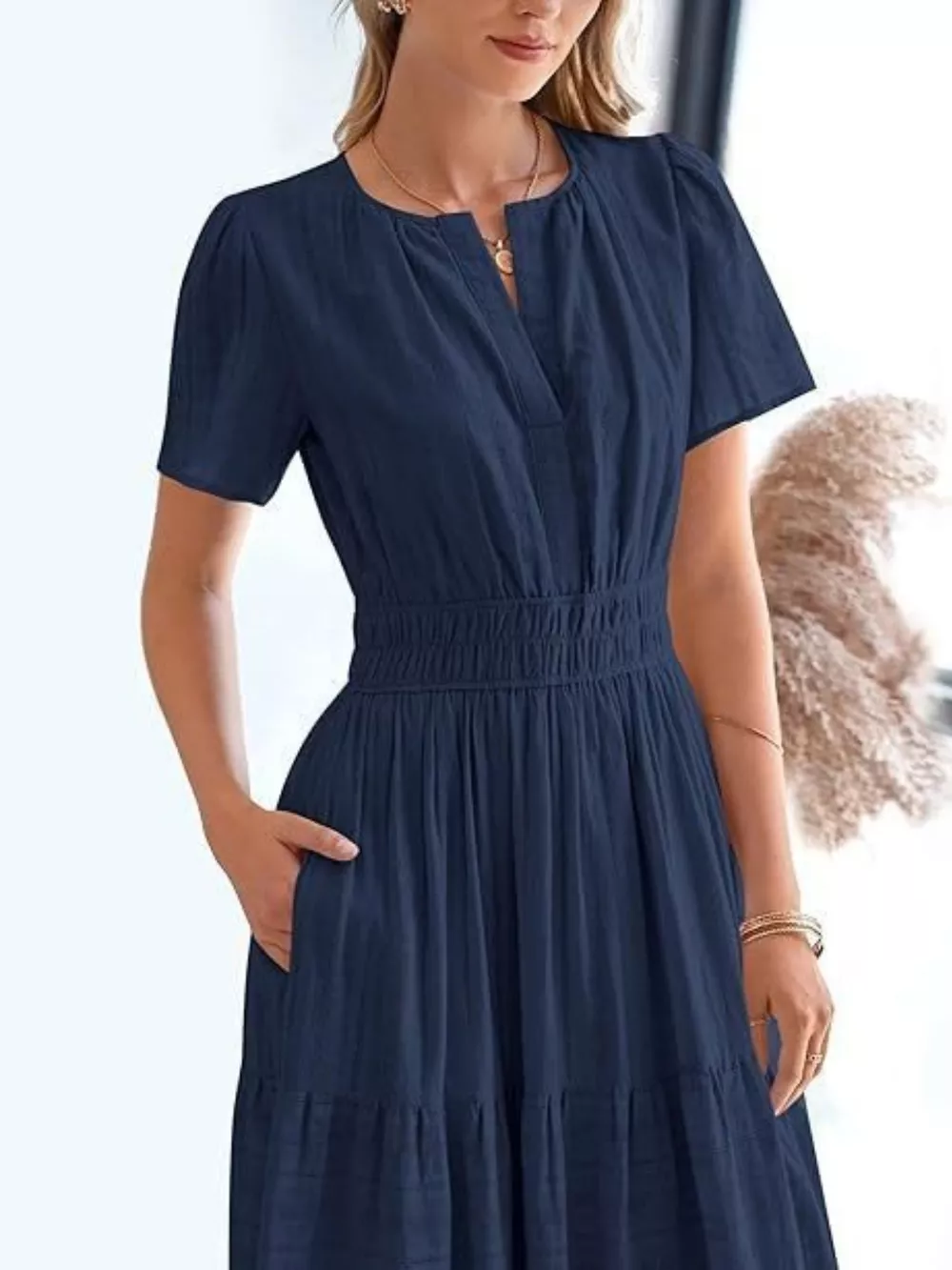 Notched Short Sleeve Tiered Dress, image 19
