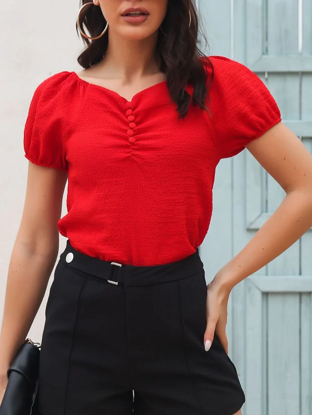 Ruched Decor Button V-Neck Short Sleeve Blouse, image 3
