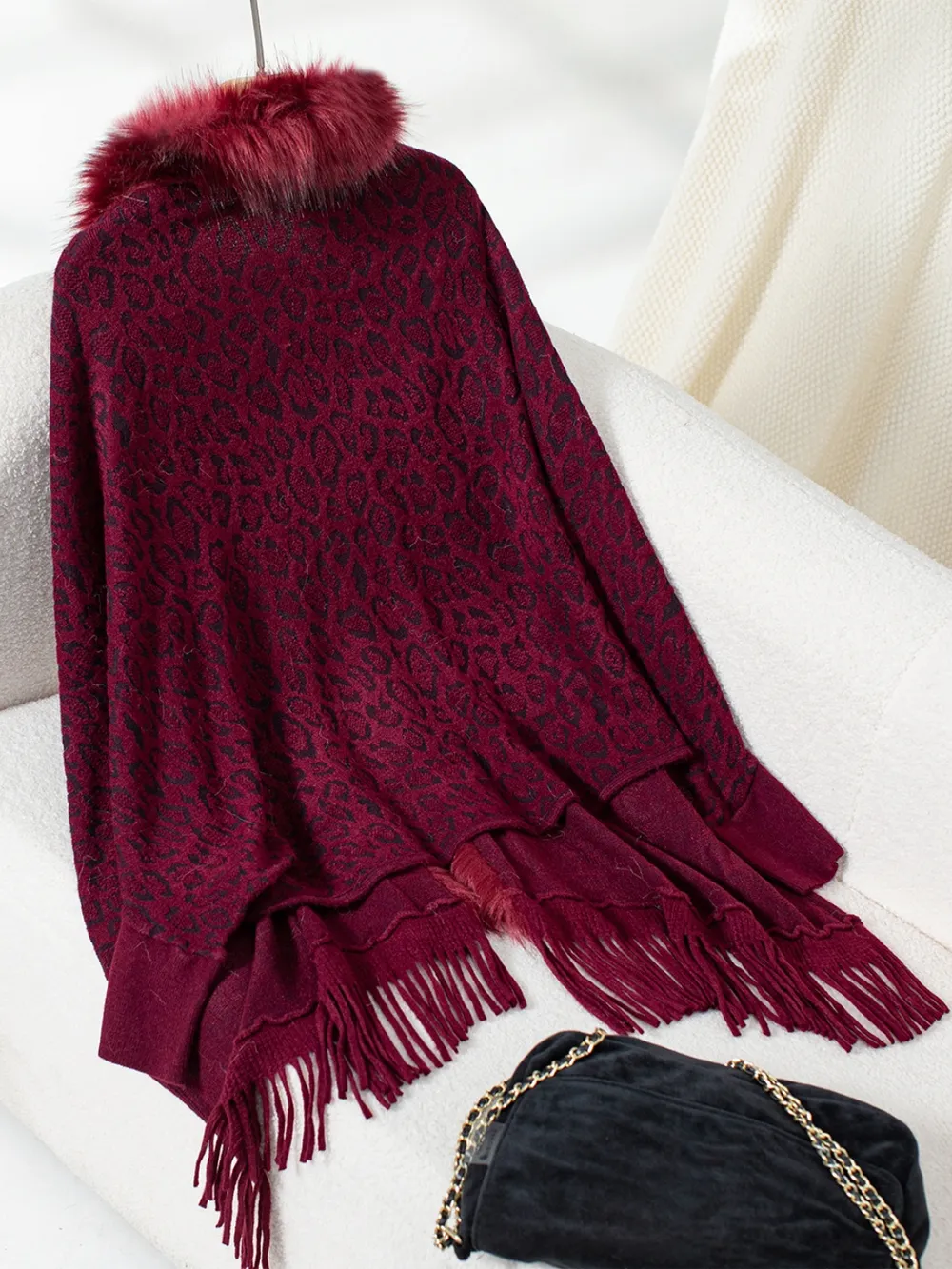 Fringe Leopard Open Front Long Sleeve Poncho, image 12