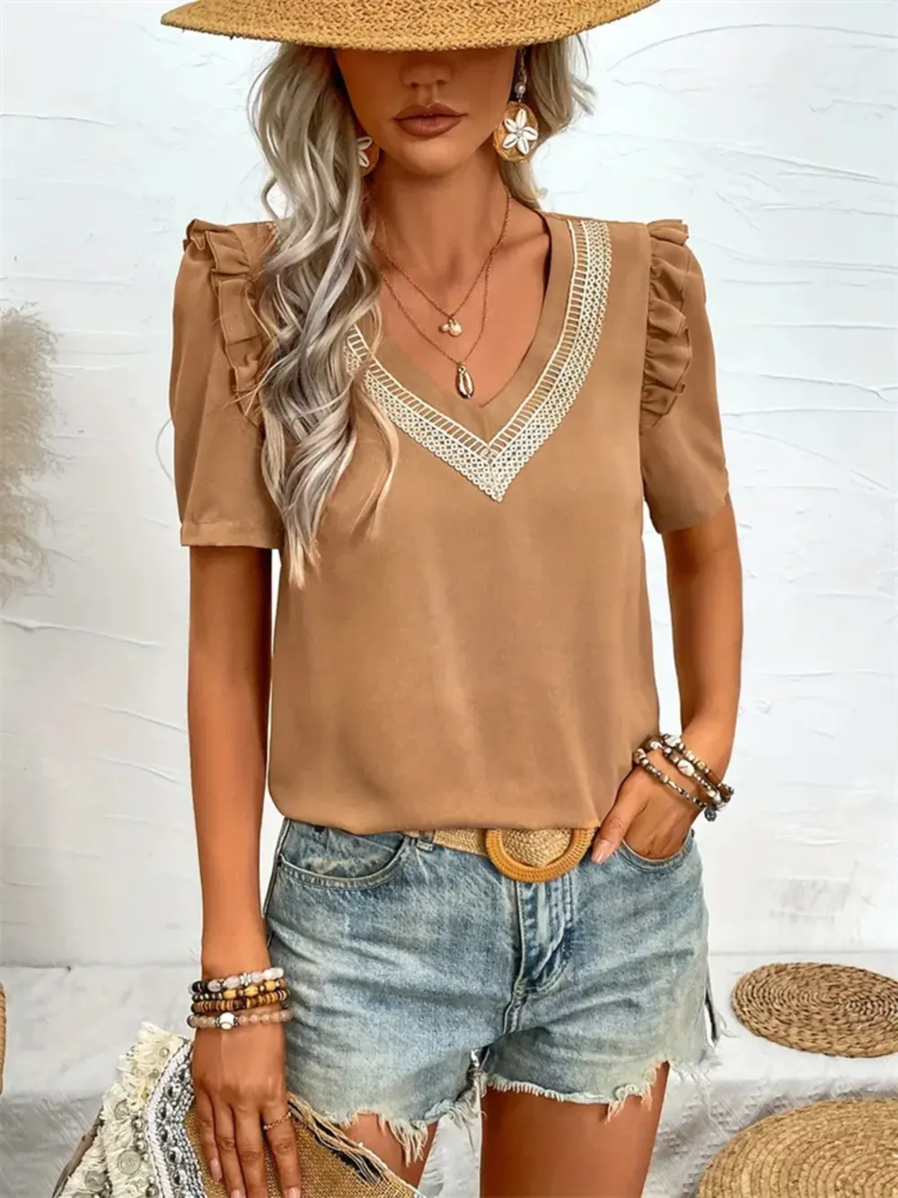 Ruffled V-Neck Short Sleeve Blouse, image 6