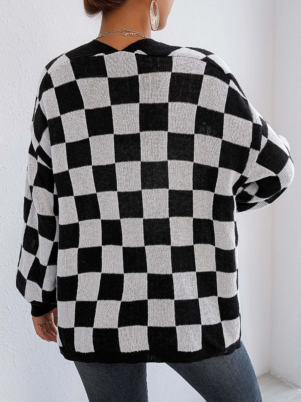Checkered Open Front Long Sleeve Cardigan, image 8