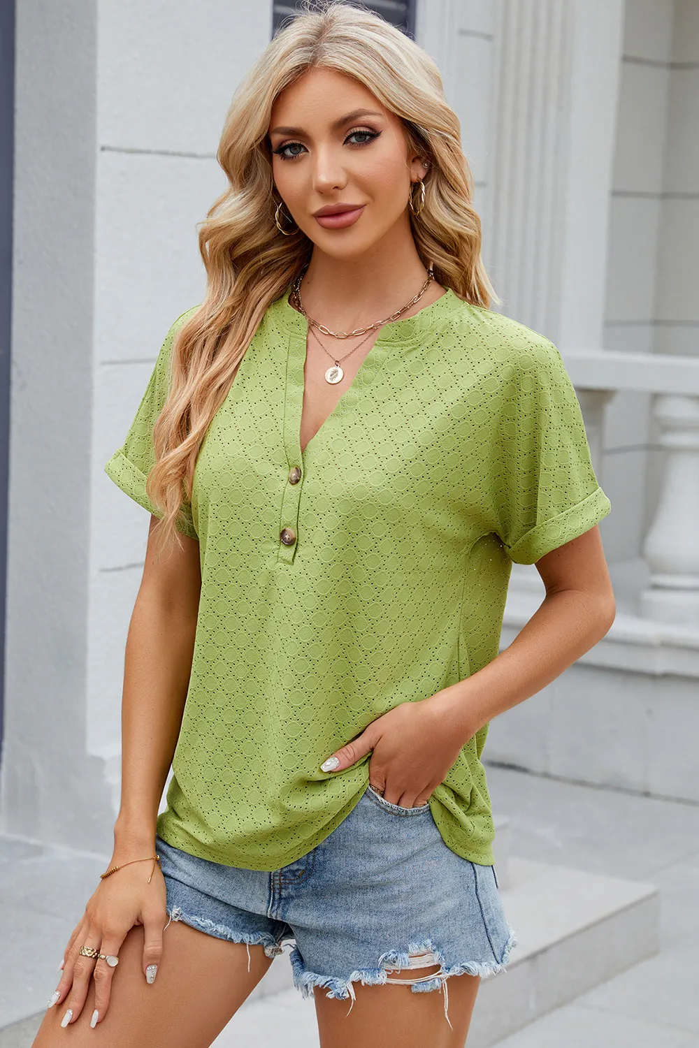 Eyelet Notched Short Sleeve T-Shirt, image 25