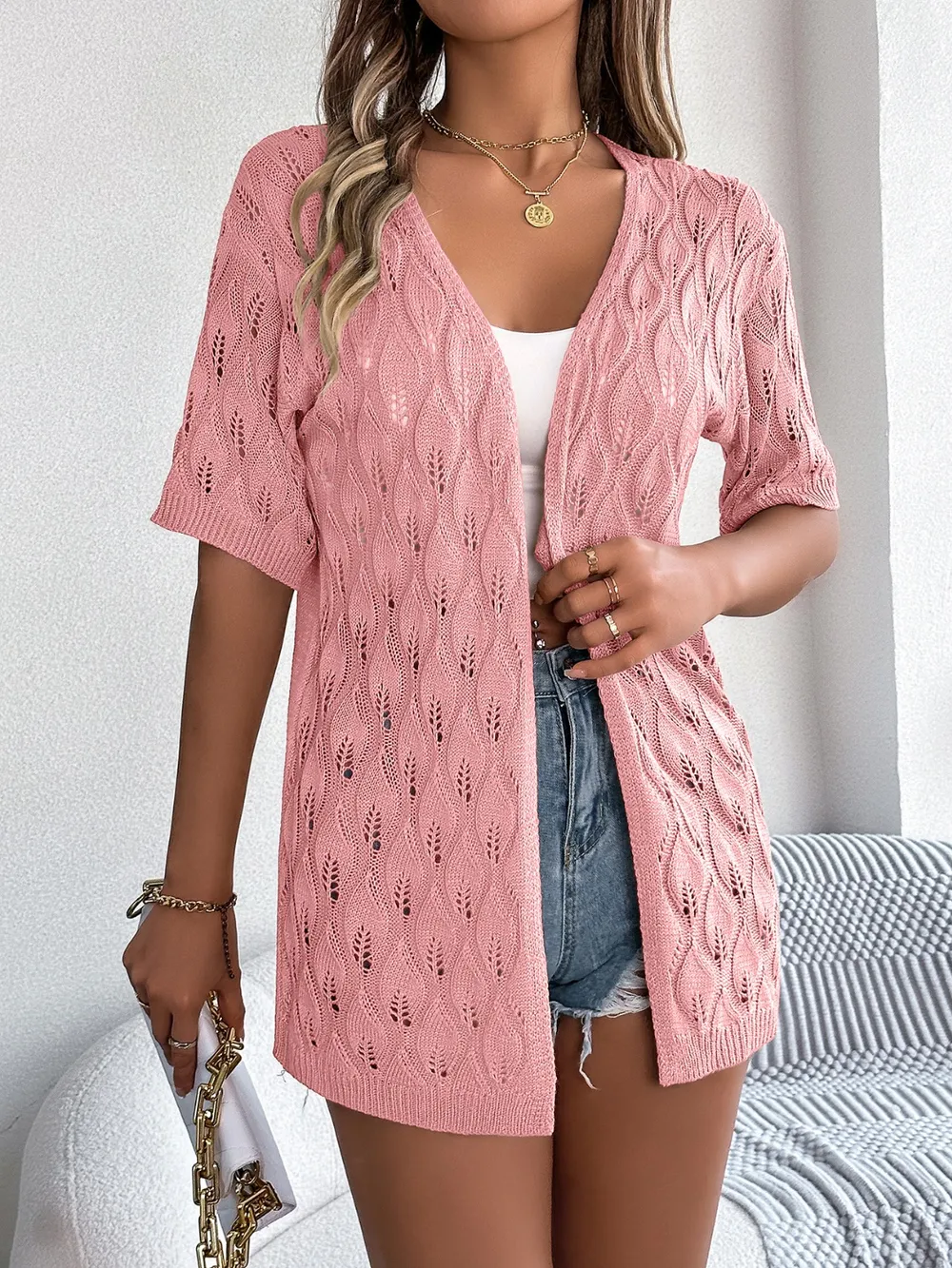 Openwork Open Front Short Sleeve Cardigan, image 8