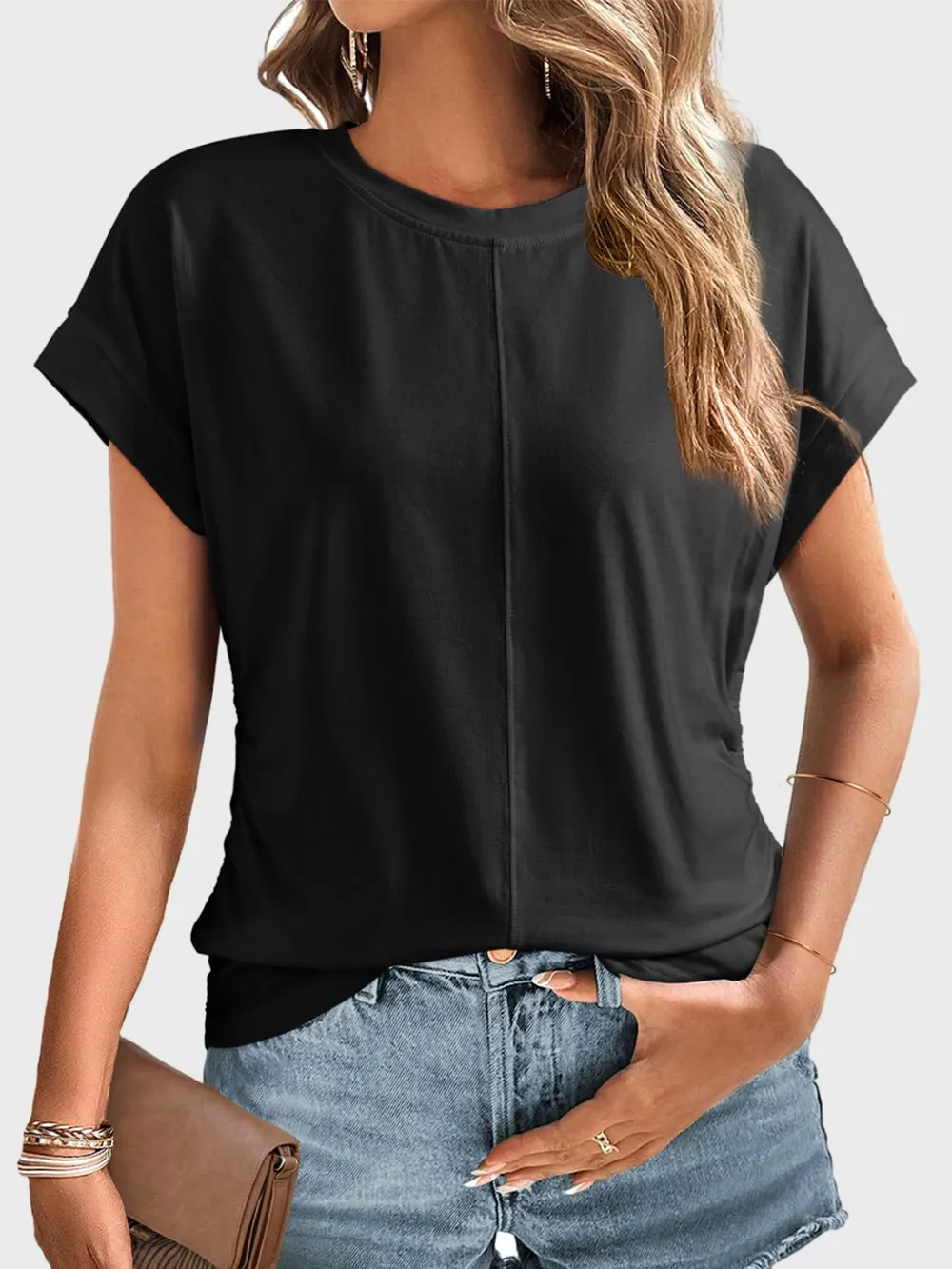 Ruched Round Neck Short Sleeve T-Shirt, image 14