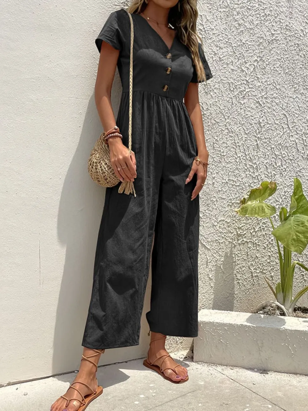 V-Neck Short Sleeve Wide Leg Jumpsuit, image 11