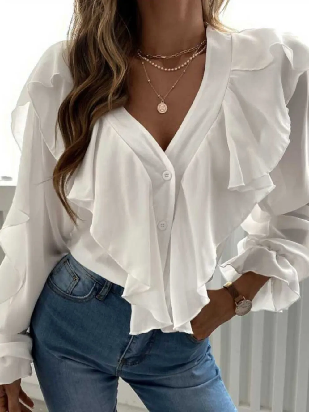 Full Size Ruffled V-Neck Button Down Flounce Sleeve Blouse, image 4