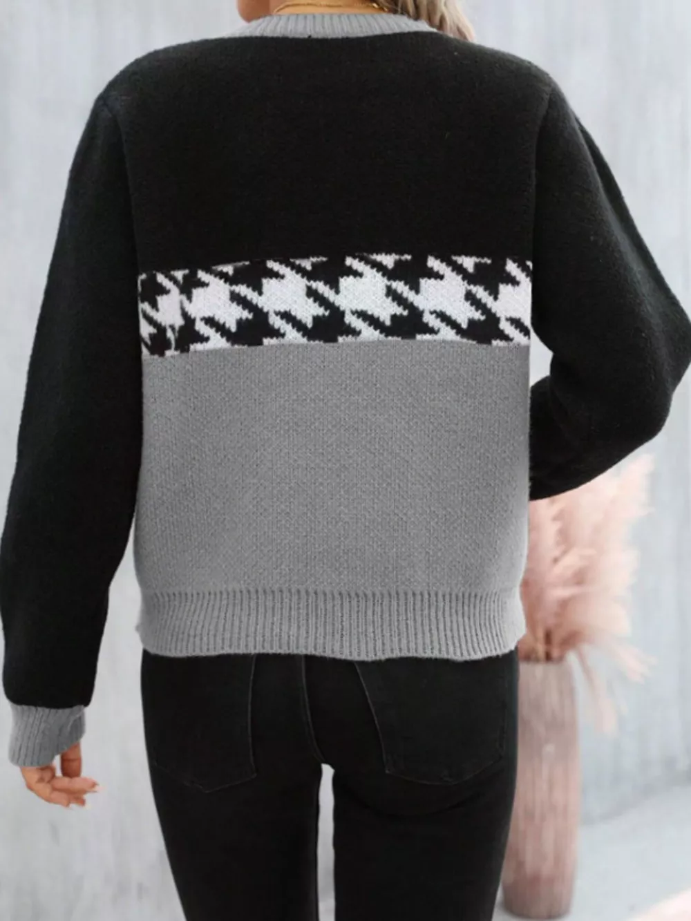 Houndstooth Pattern Color Block Sweater, image 10