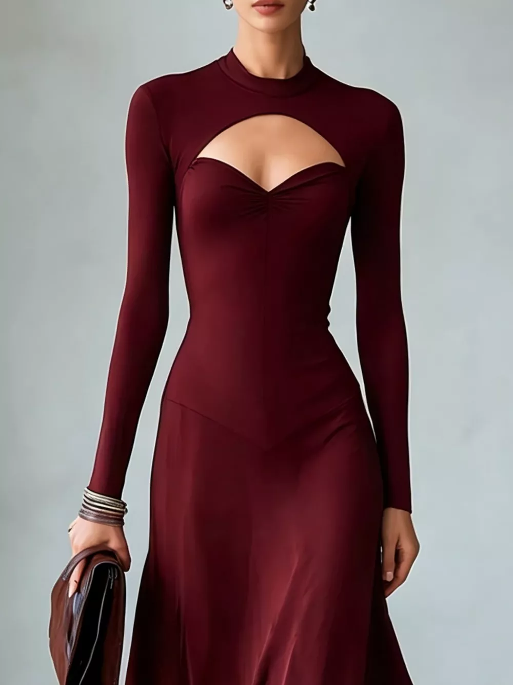 Full Size Mock Neck Cut-Out Long Sleeve Midi Dress Plus Size, image 14