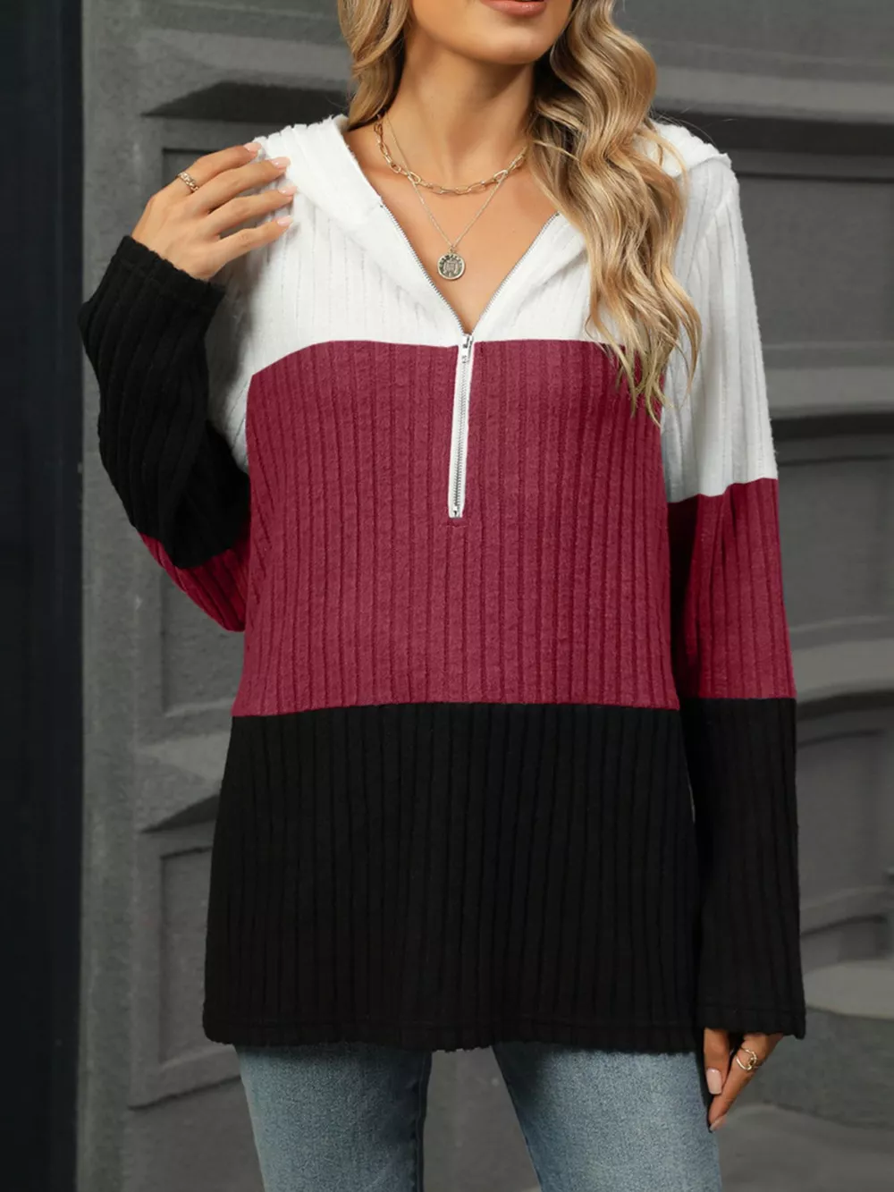 Color Block Half Zip Hooded Top, image 7