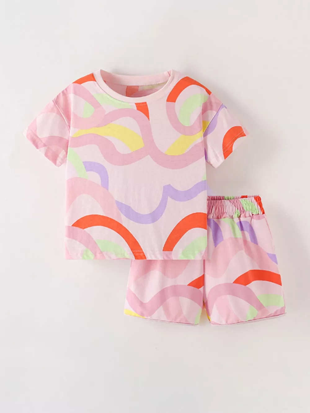 Children's Colorful Wave Print Round Neck Tee and Shorts Set