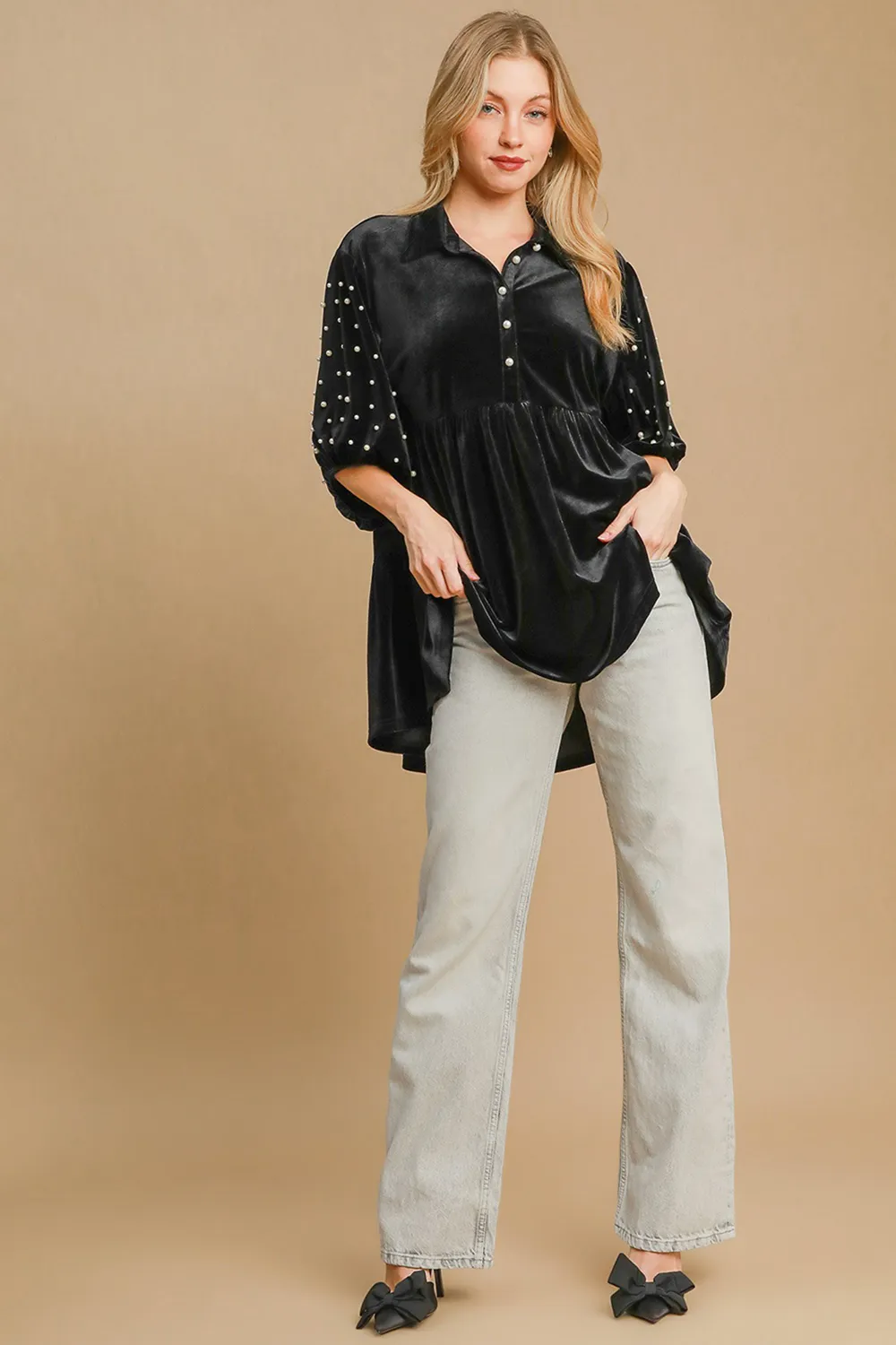 Pearl Detail Half Sleeve Velvet Babydoll Blouse, image 4