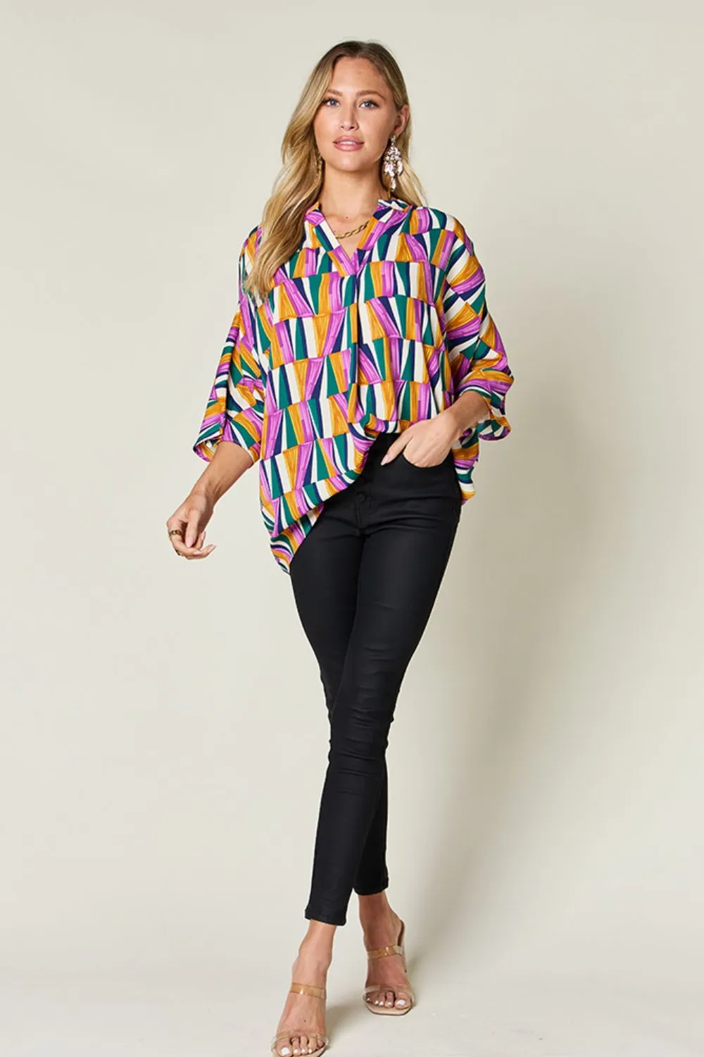 Full Size Geometric Notched Dolman Sleeve Top, image 6