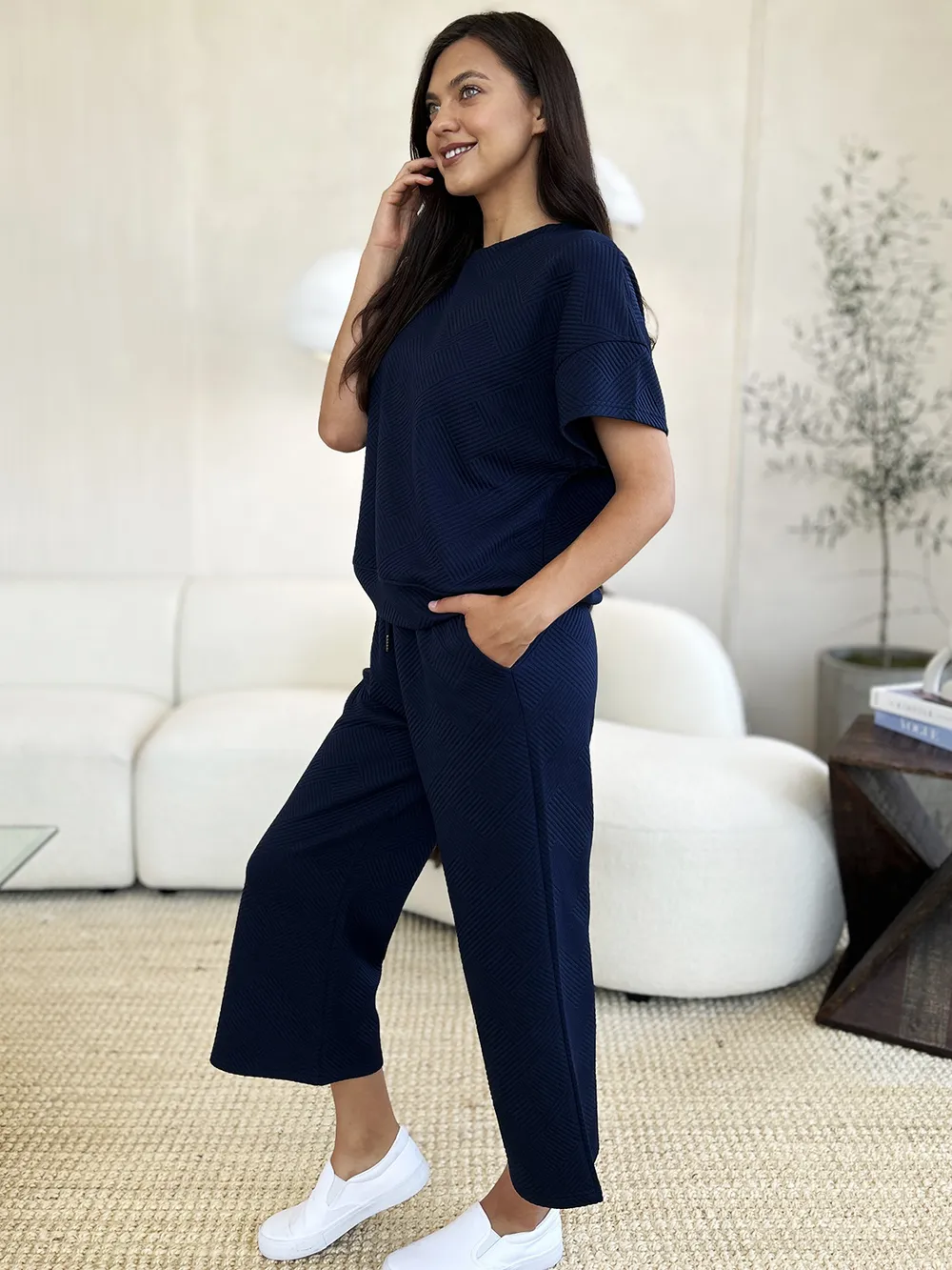 Full Size Texture Short Sleeve Top and Pants Set, image 23