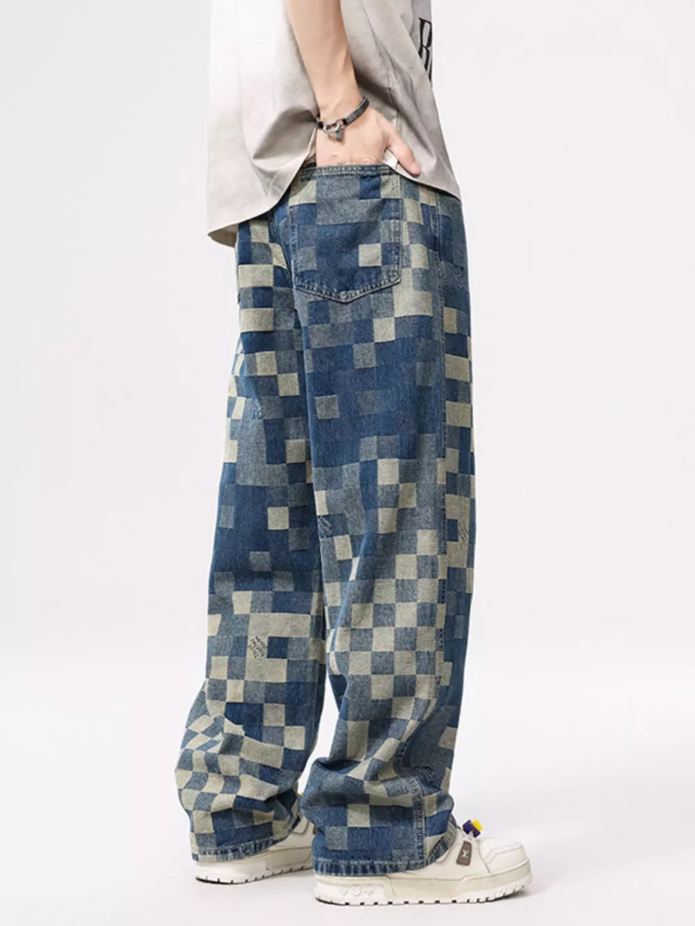 Men's Checkered Wide Leg Jeans, image 5