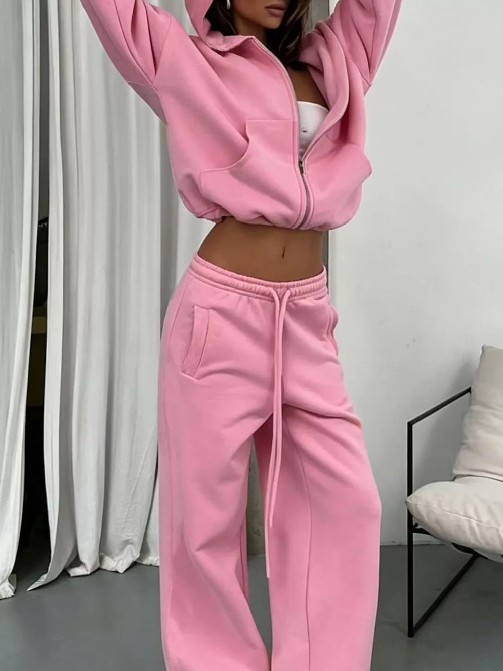 Casual Zip-Up Hoodie and Wide-Leg Sweatpants Set, image 15