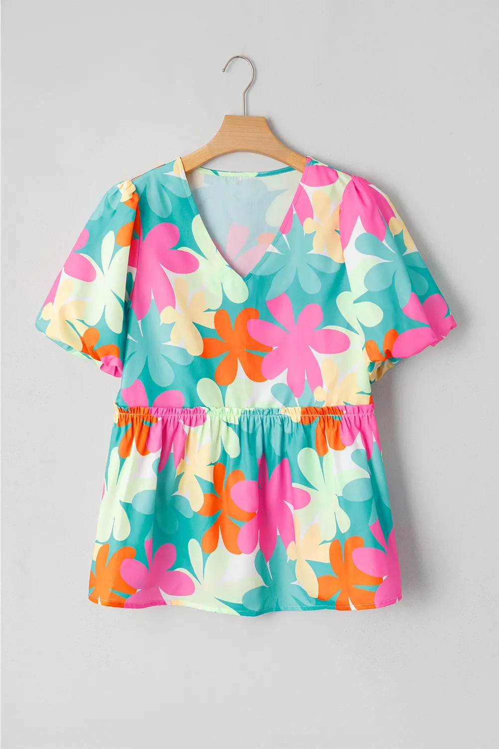 Floral Print Bubble Sleeve V Neck Peplum Blouse, image 10