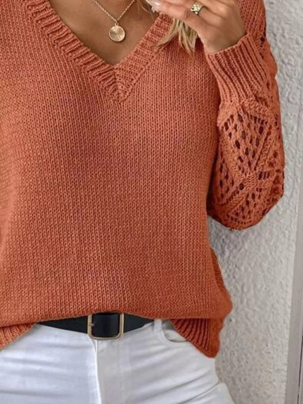 V-Neck Hollow-Out Sleeve Knit Sweater, image 6