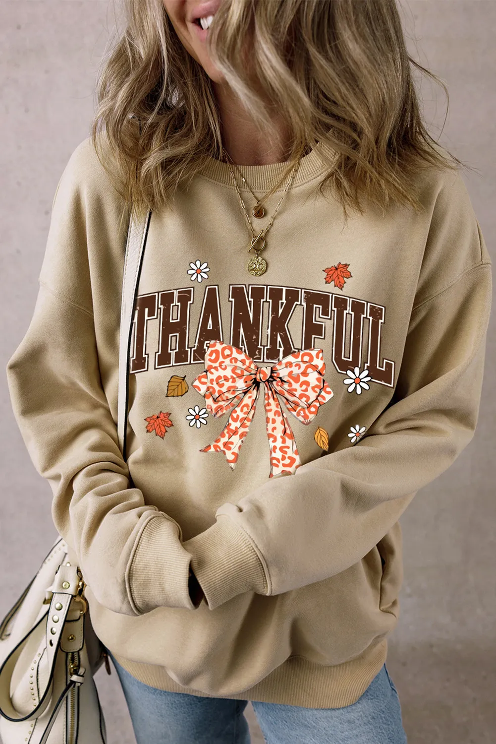 THANKFUL Bow Round Neck Long Sleeve Sweatshirt, image 3