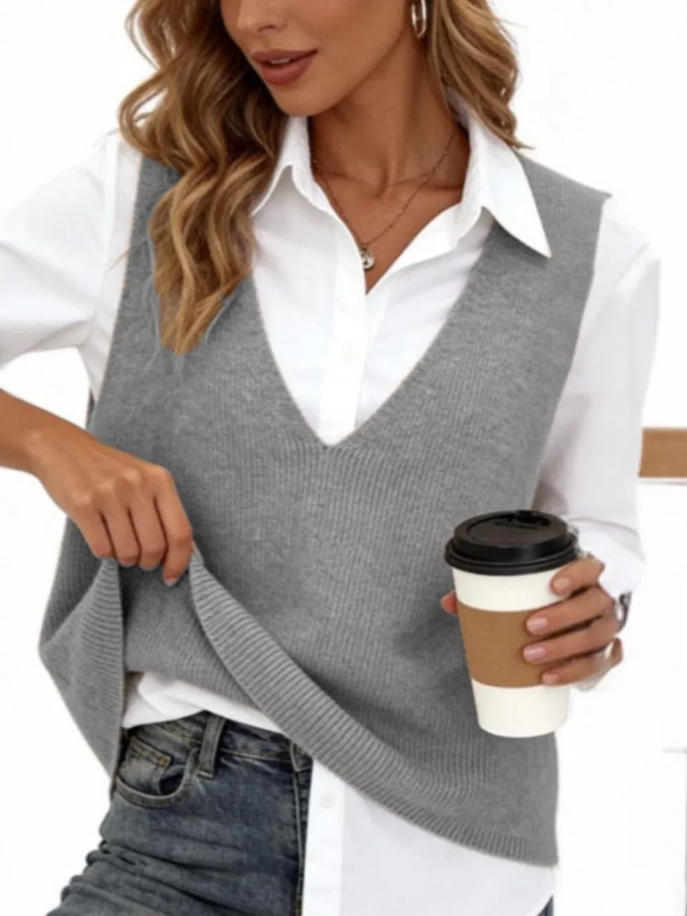 Full Size Chic V-Neck Sleeveless Knit Sweater Vest Plus Size, image 5