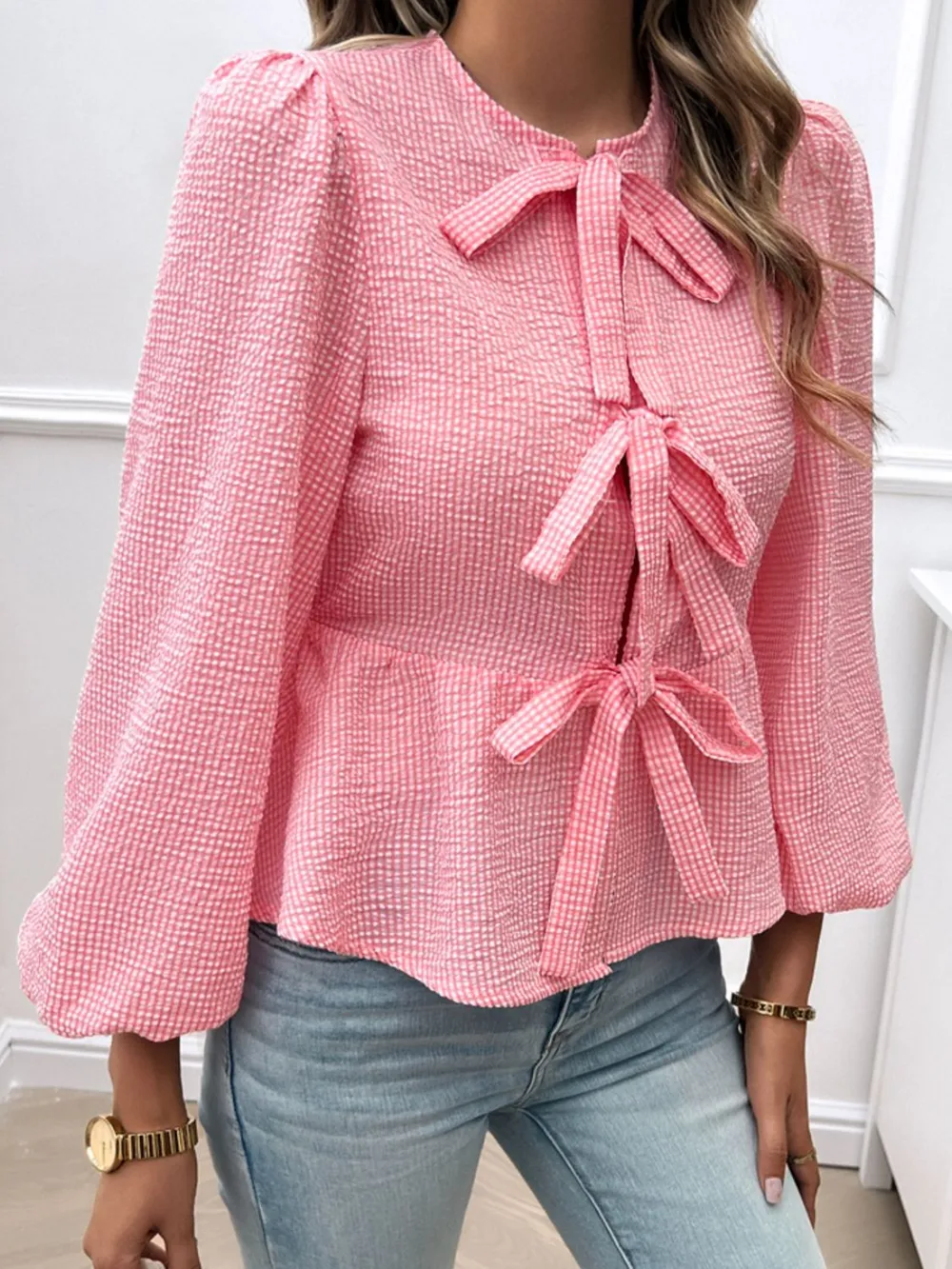 Tied Round Neck Long Sleeve Blouse, image 7