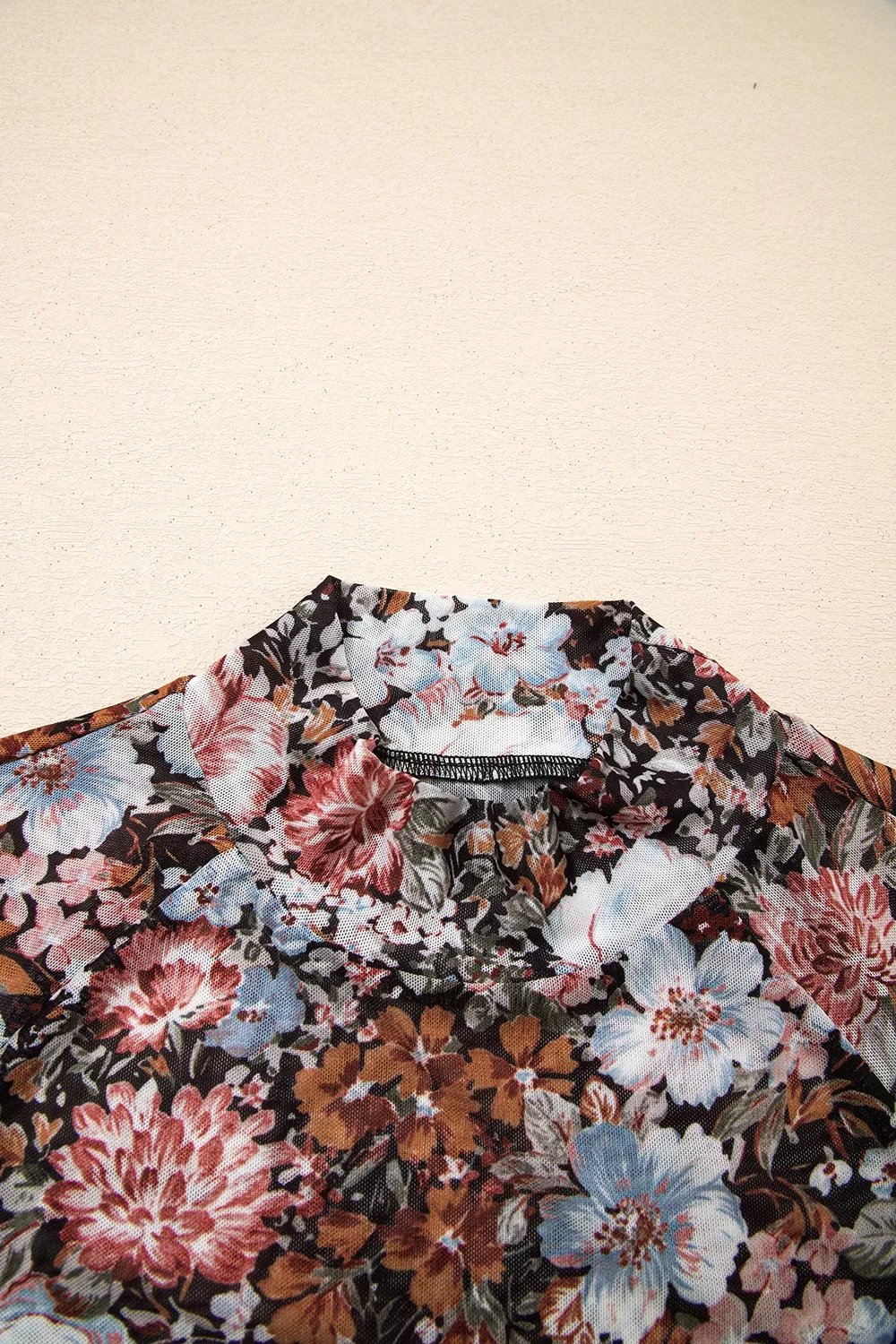 Floral Print Mock Neck Sheer Mesh Top, image 7